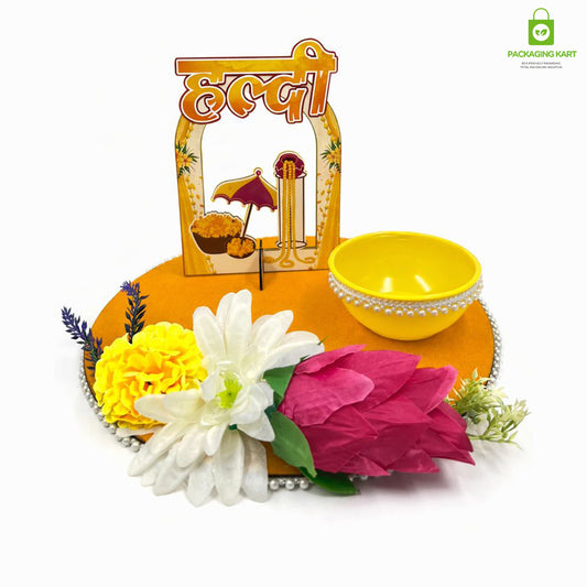 Haldi Decorations Door Board, Home Decoration Items for Wedding Ceremony Haldi, Mehndi, Subh Vivah, Shadi Wala Ghar Hanging Round Decoration (Yellow, Gold Embellishments)