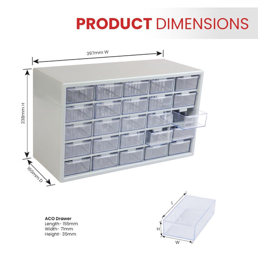 25 Polypropylene Component Organiser With 25 Drawers, Small Parts Grey Storage Jewellery | Craft | Sewing Cabinets | Screws | Nuts | Bolts | Tool Organiser | DIY | Clinic | Hospital