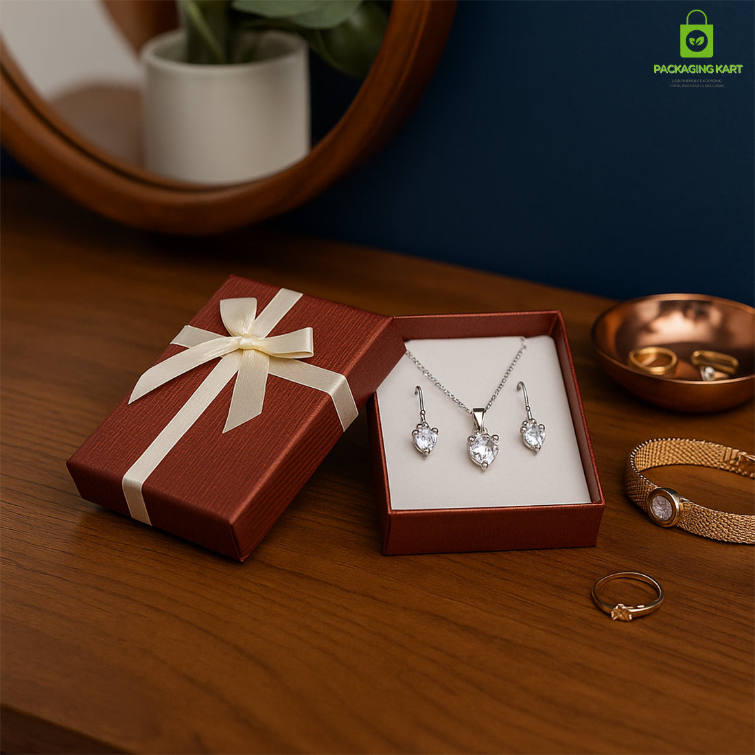 Stylish Dark Red Jewellery Box – Perfect for Rings, Bracelets & Necklaces