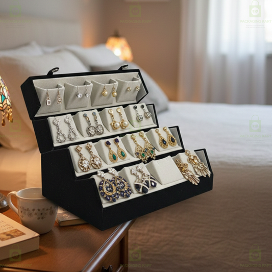 Black Velvet Earring Box with 16 Slots – Jewelry Storage Organizer Case