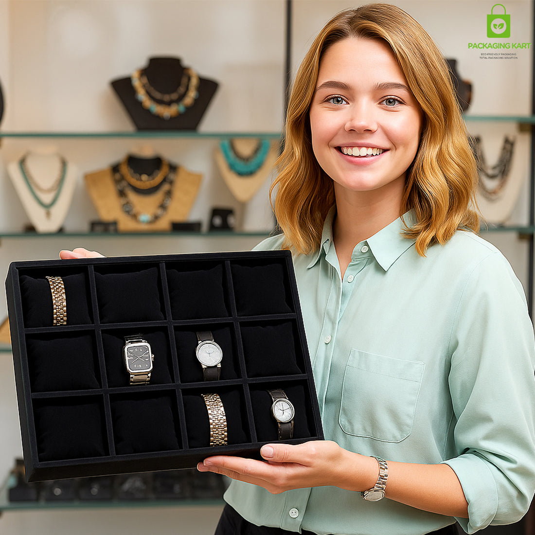 Premium Green Velvet 12 Grid Jewelry Tray,Bracelet Watch Jewelry Display Tray,Showcase Jewelry Organizer