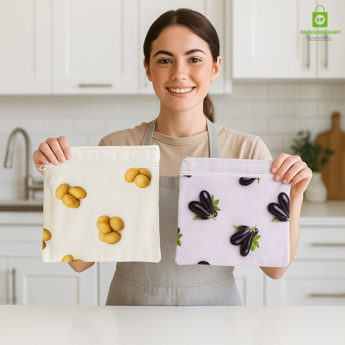 100% Cotton Set of 10 Fridge Drawstring Bags | Eco-Friendly Natural Vegetables Storage Mesh Net for Fridge | Multi-Purpose Cotton Mesh Bag