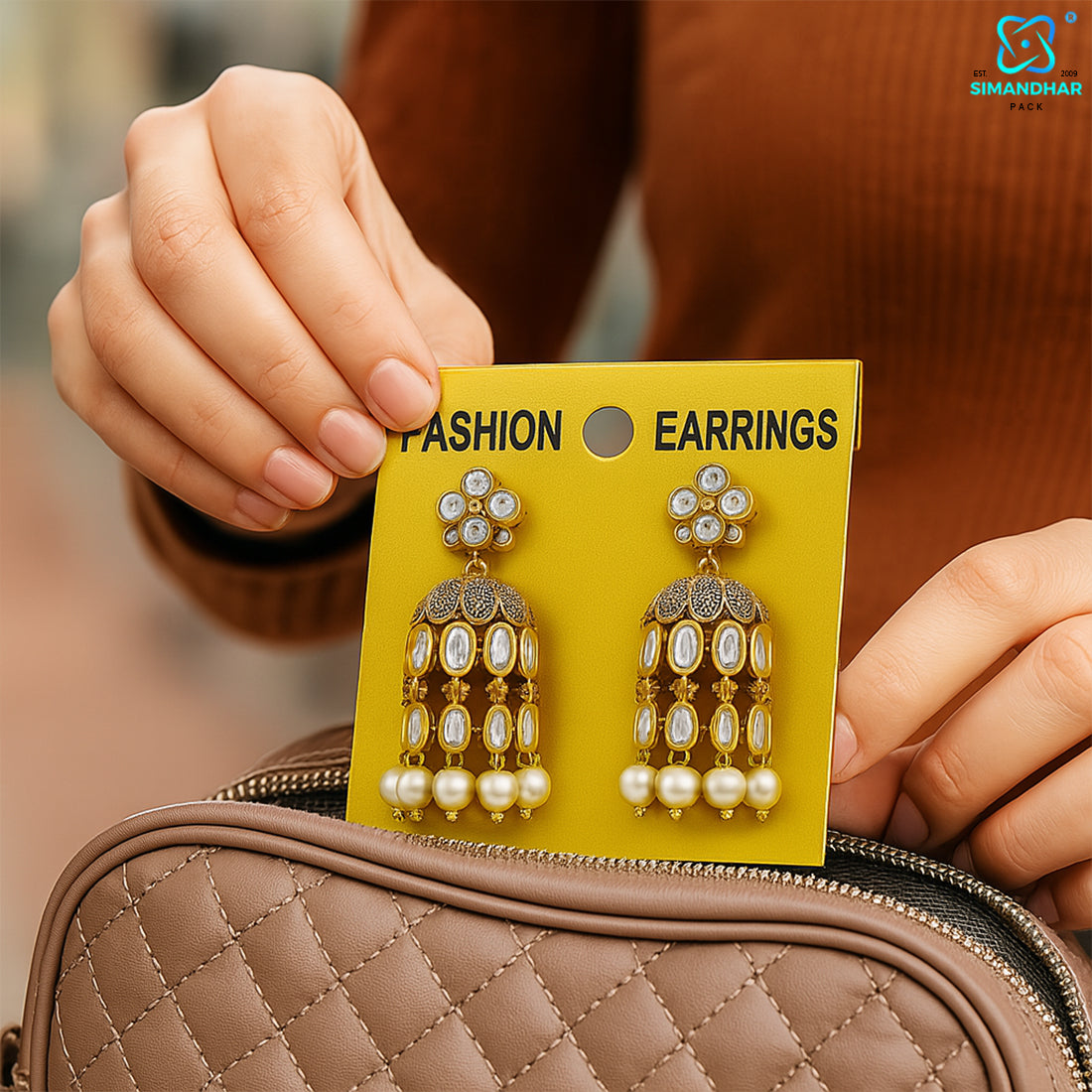 Golden Earrings Display Card – Elegant Jewelry Holder for Studs & Danglers