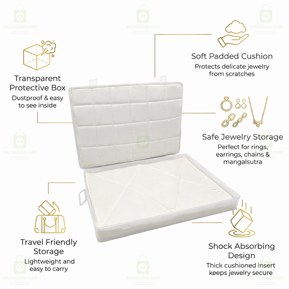 Transparent Plastic Jewellery Storage Box with Soft White Cushion Cotton Padding for Protection