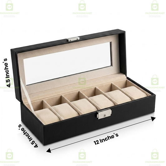 Premium 6 Compartments Velvet Watch Storage Box with Leather Finish