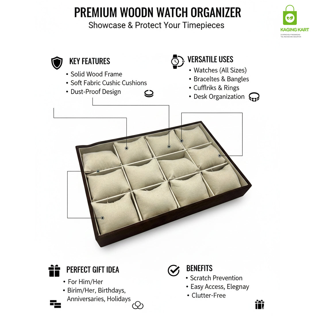 Wooden Jewellery Display Tray for Showroom Use – Watch, Kada & Bracelet (12 Slots)
