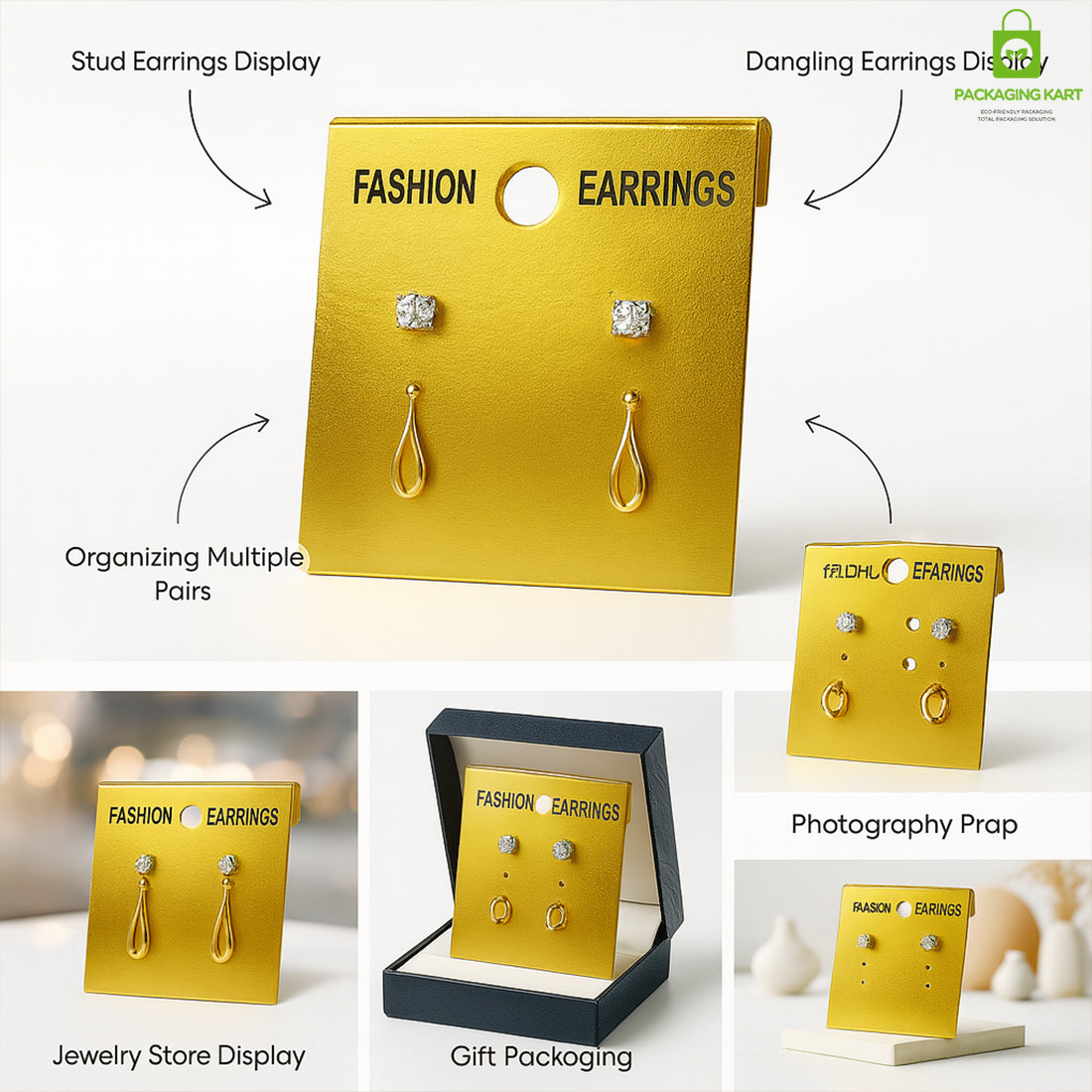 Golden Earrings Display Card – Elegant Jewelry Holder for Studs & Danglers