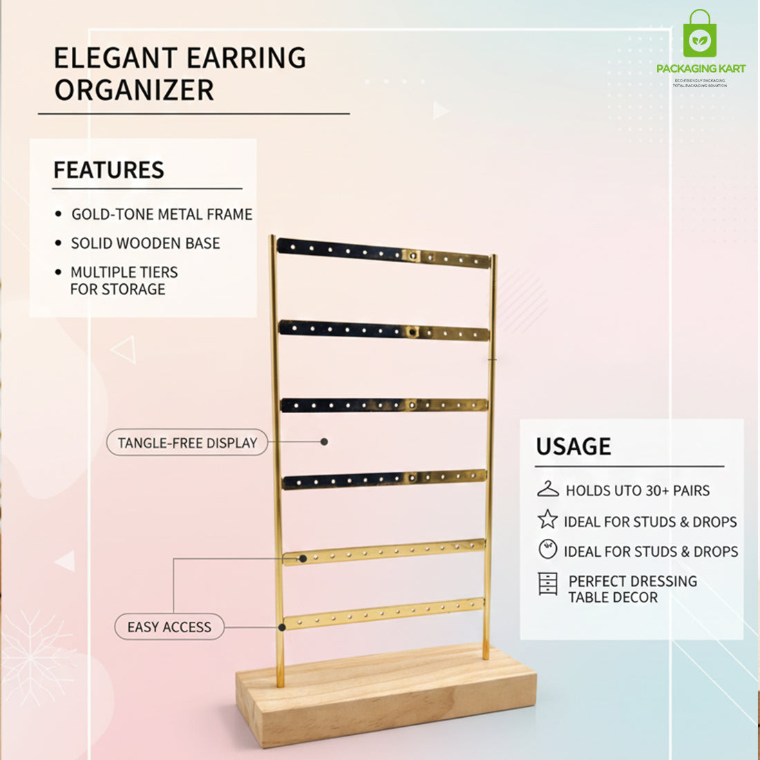 Premium Gold Frame Earrings Stand for Display & Storage