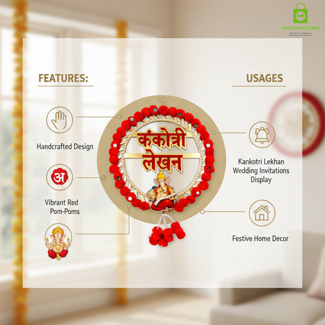 Kankotri Lekhan Ceremony Decoration Round Board | Traditional MDF Wall Hanging with Red Tassels | Wedding ceremony decoration board