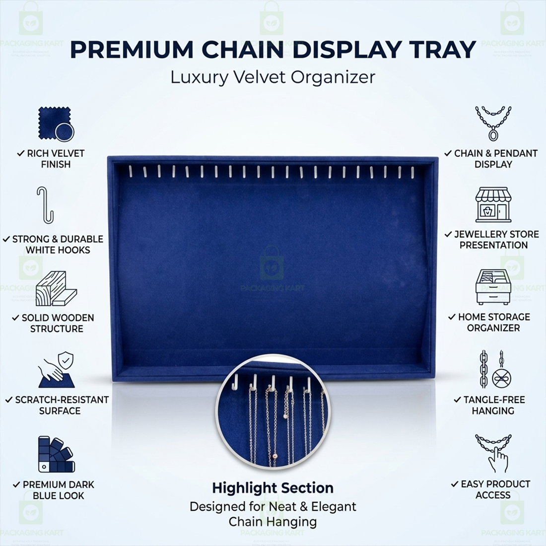 Premium Velvet Wooden Chain Tray for Jewellery Display | Elegant Necklace Organizer