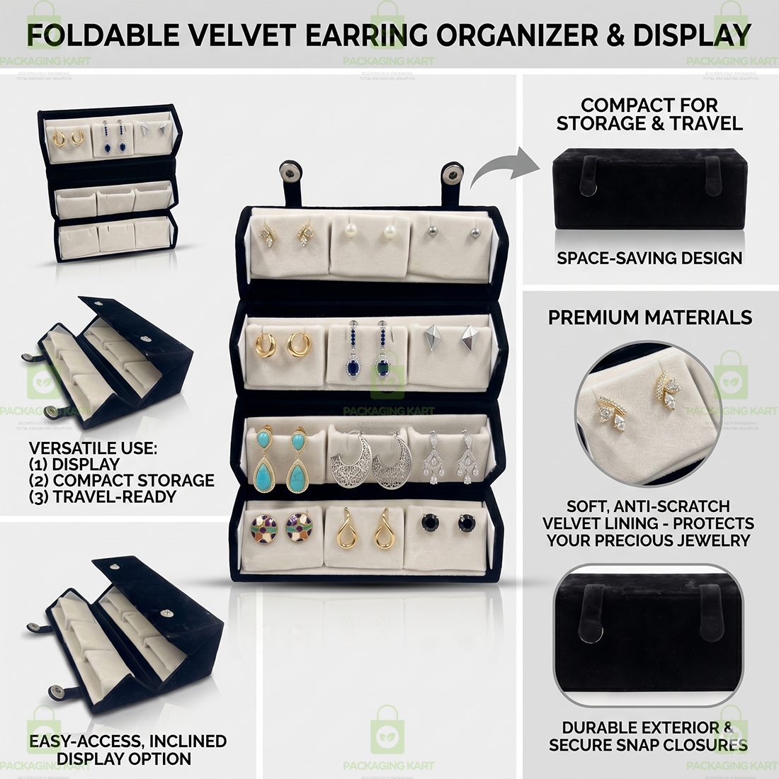 Black Velvet Earring Box with 12 Slots – Jewelry Storage Organizer Case