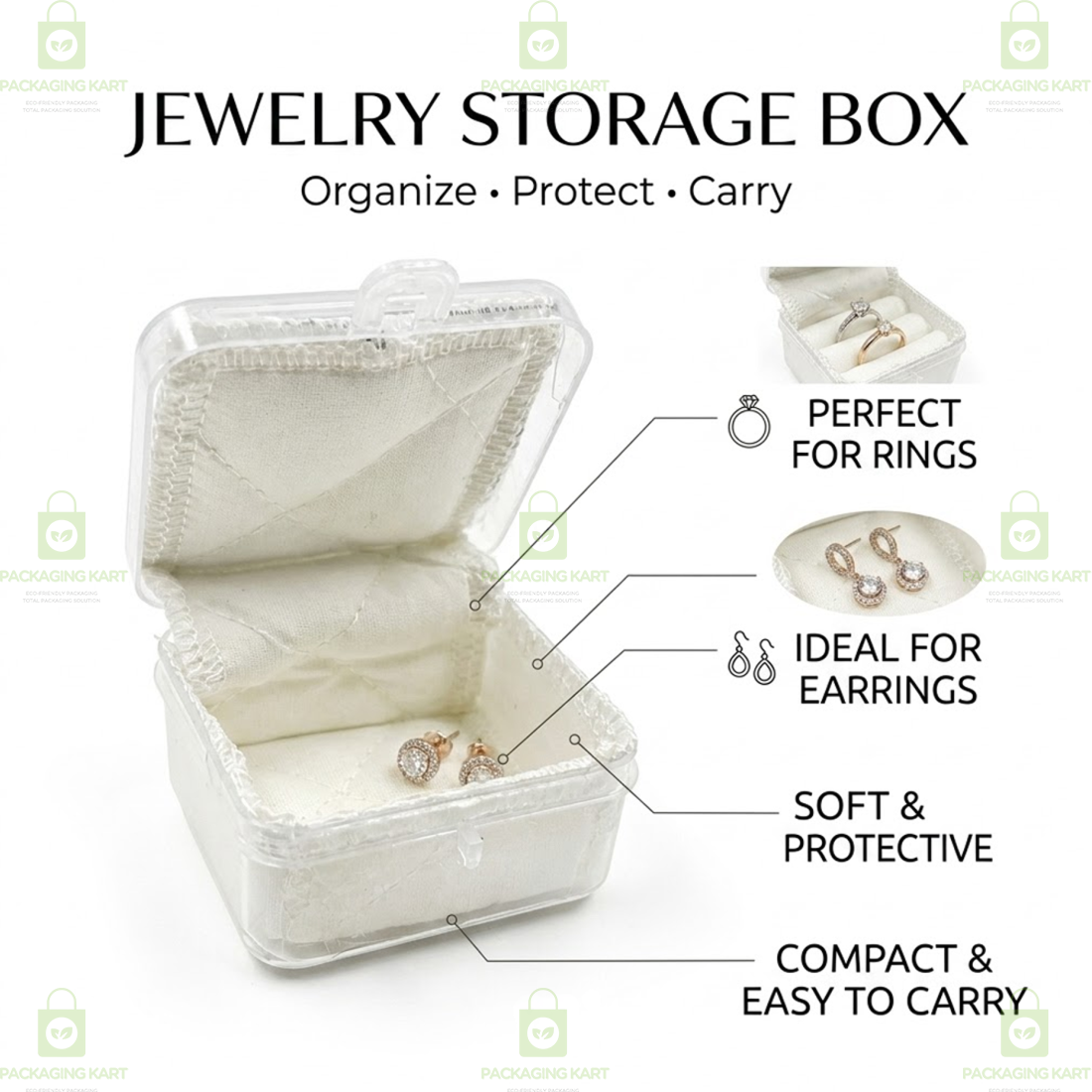 Transparent Plastic Jewellery Storage Box with Soft White Cushion Cotton Padding for Protection