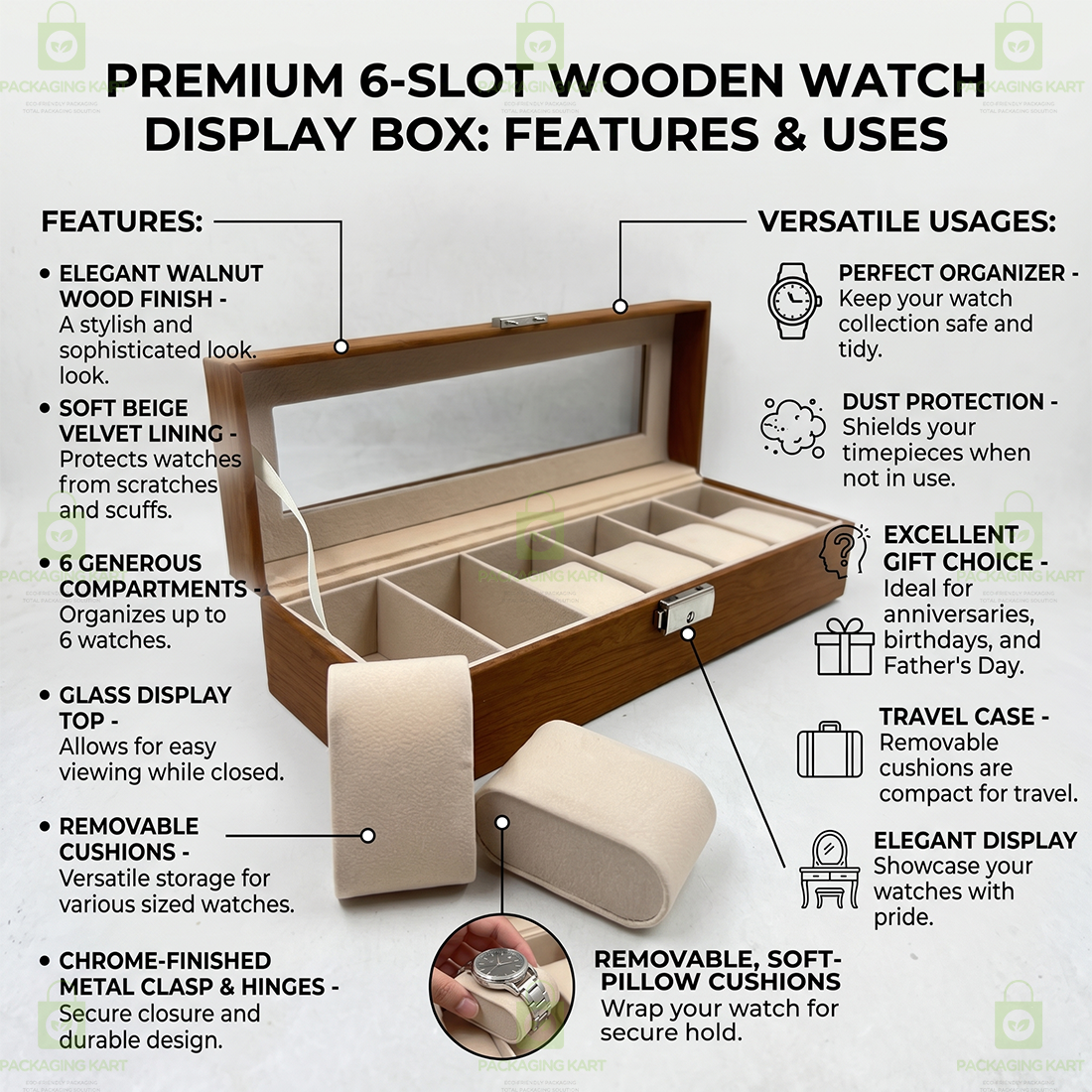 Luxury 6 Slot Velvet Leather Watch Box Organizer for Men & Women