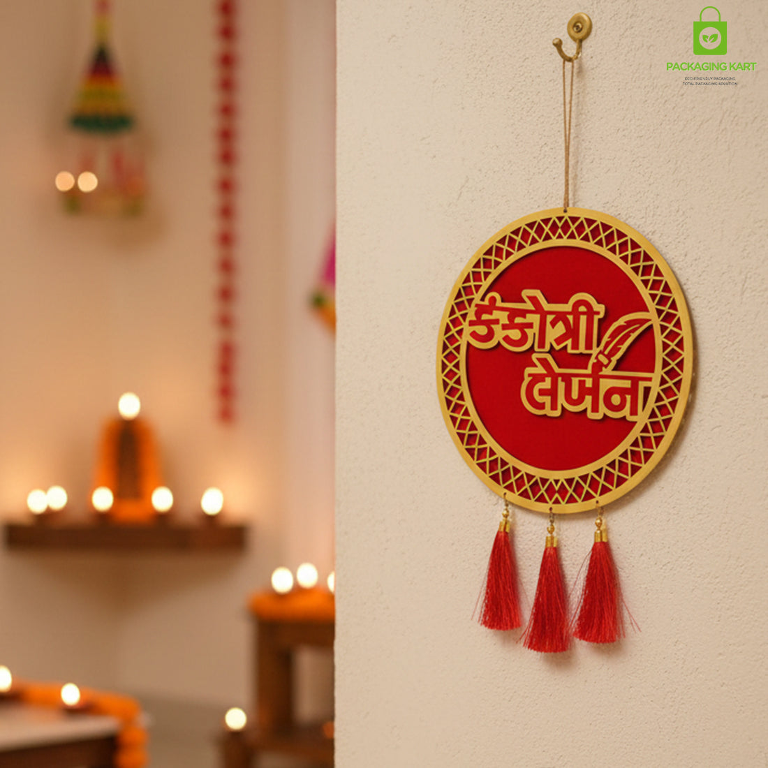 Kankotri Lekhan Ceremony Decoration Round Board | Traditional MDF Wall Hanging with Red Tassels | Wedding ceremony decoration board
