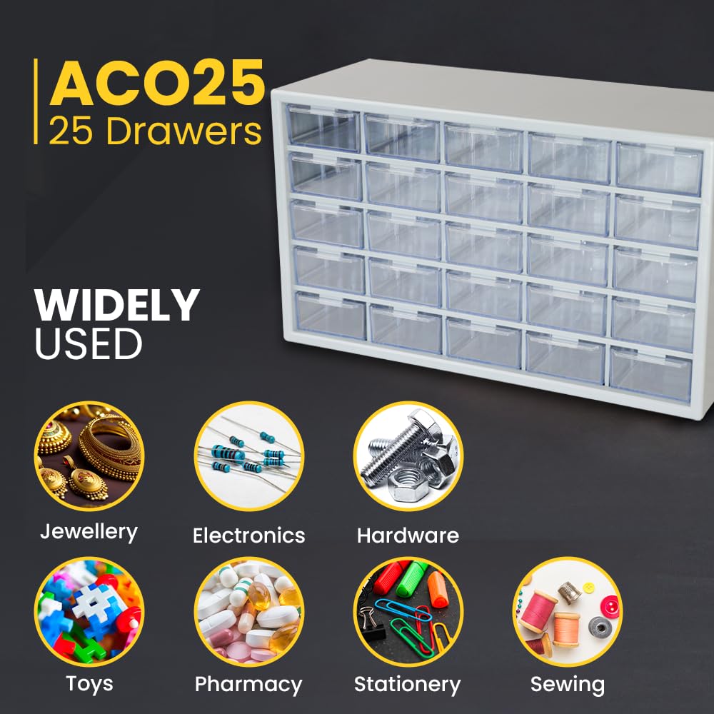 25 Polypropylene Component Organiser With 25 Drawers, Small Parts Grey Storage Jewellery | Craft | Sewing Cabinets | Screws | Nuts | Bolts | Tool Organiser | DIY | Clinic | Hospital
