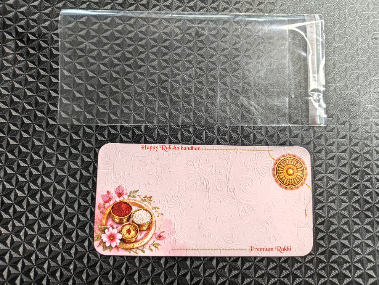 Printed Couple Rakhi Card with Self-Sealing Poly Bag for Rakhi Packaging