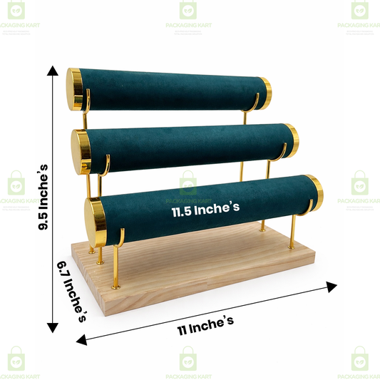 Wooden Velvet Bangles Display Stand – 3 Roll Jewellery Organizer for Bracelets & Bangles