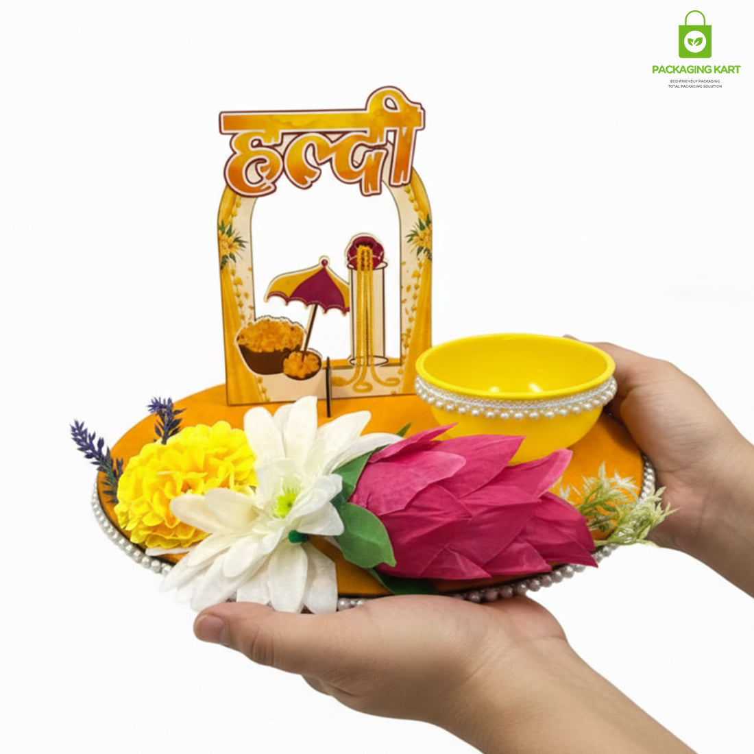 Haldi Decorations Door Board, Home Decoration Items for Wedding Ceremony Haldi, Mehndi, Subh Vivah, Shadi Wala Ghar Hanging Round Decoration (Yellow, Gold Embellishments)