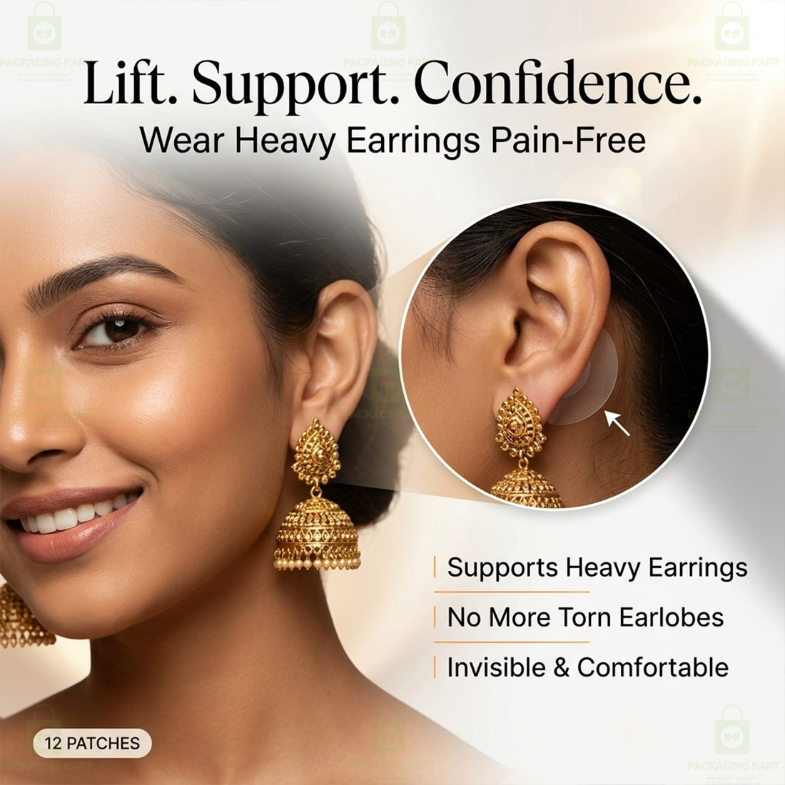 Ear Lobe for Support Earrings, Patches Ear lobe Support for Heavy Earring, Invisible Sticker tape, Transparent EarLobe Tapes Ear Lifts Patches (Pack of 12 Pcs.)