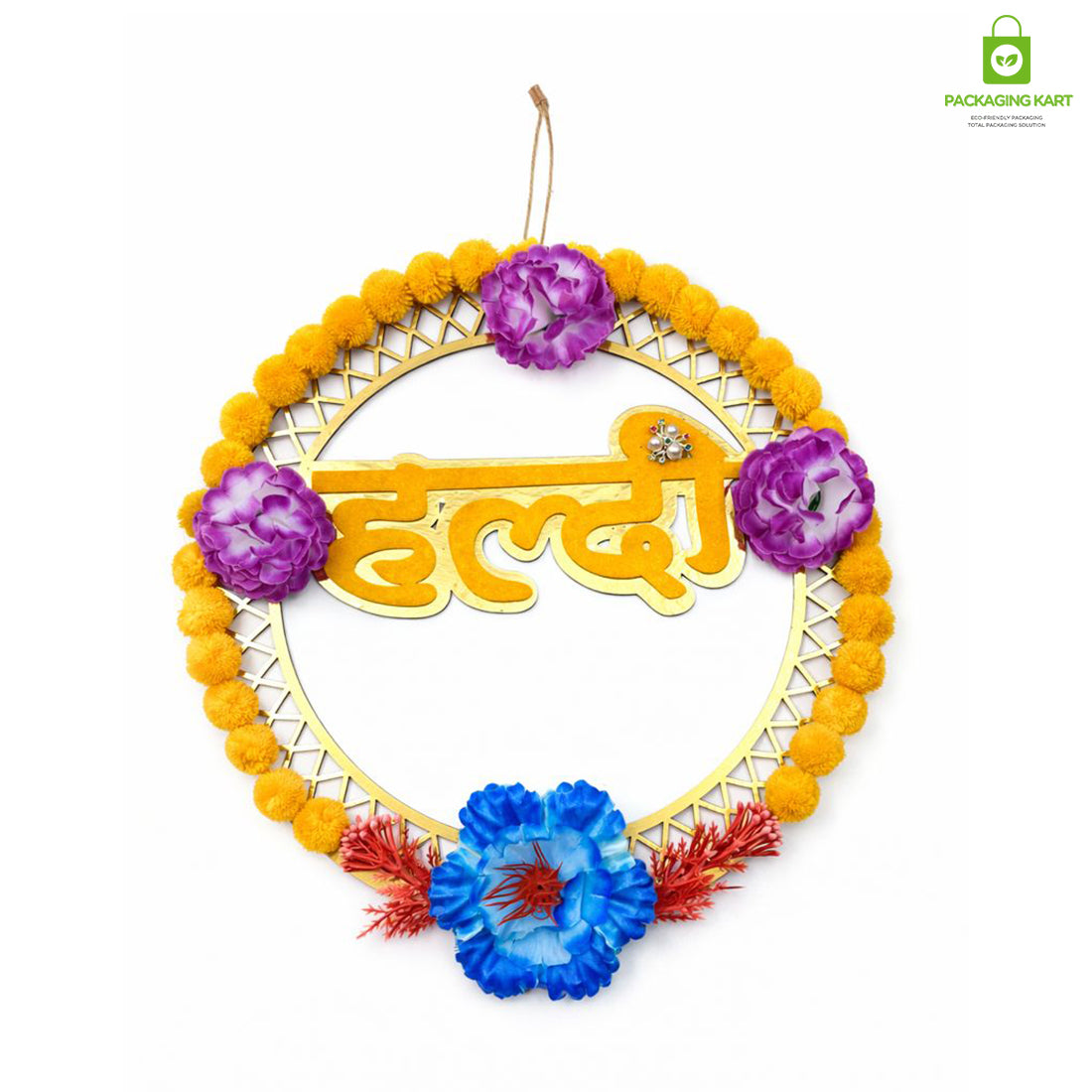 Haldi Decorations Door Board, Home Decoration Items for Wedding Ceremony Haldi, Mehndi, Subh Vivah, Shadi Wala Ghar Hanging Round Decoration (Yellow, Gold Embellishments)