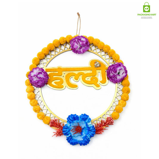 Haldi Decorations Door Board, Home Decoration Items for Wedding Ceremony Haldi, Mehndi, Subh Vivah, Shadi Wala Ghar Hanging Round Decoration (Yellow, Gold Embellishments)