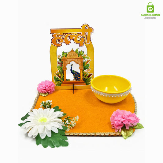 Haldi Decorations Door Board, Home Decoration Items for Wedding Ceremony Haldi, Mehndi, Subh Vivah, Shadi Wala Ghar Hanging Round Decoration (Yellow, Gold Embellishments)