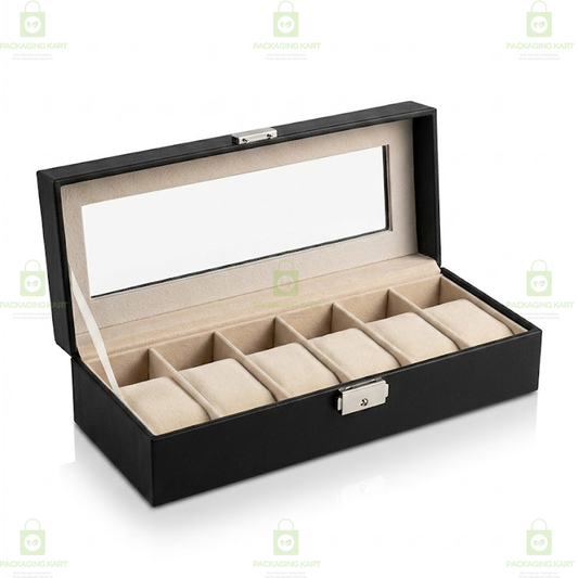 Premium 6 Compartments Velvet Watch Storage Box with Leather Finish