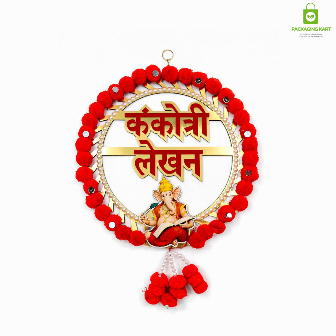 Kankotri Lekhan Ceremony Decoration Round Board | Traditional MDF Wall Hanging with Red Tassels | Wedding ceremony decoration board