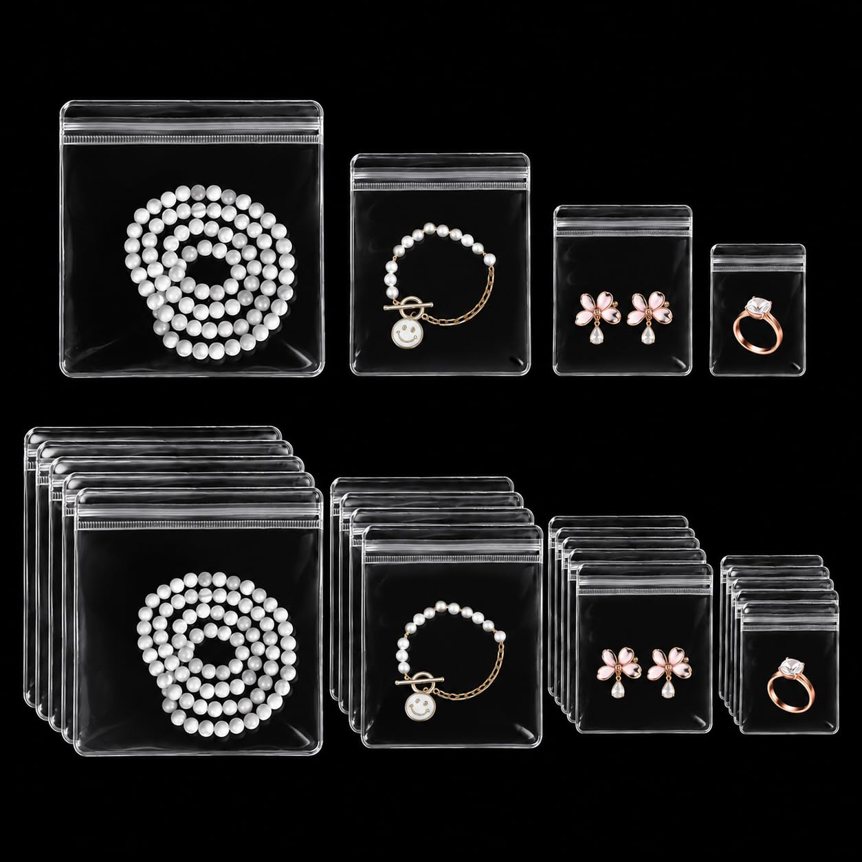 Transparent Jewellery Storage Pouches | Clear PVC Zip Lock Covers for Rings, Earrings, Necklaces, Kada, Bracelts Transparent, Polyvinyl Chloride PVC | Durable Jewellery Organizer Bags (24 Mix)