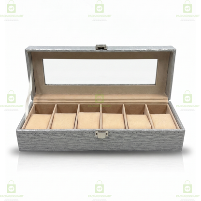 Designer Leather Watch Storage Box with 6 Velvet Watch Slots