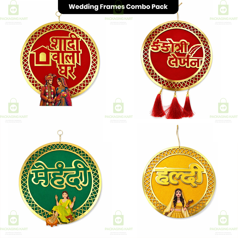 Wedding Theme Door Board Combo Pack of 4 for Mehndi, Haldi & Shadi Wala Ghar Decoration | Marriage Function Welcome Signs
