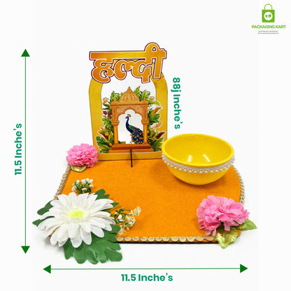 Haldi Decorations Door Board, Home Decoration Items for Wedding Ceremony Haldi, Mehndi, Subh Vivah, Shadi Wala Ghar Hanging Round Decoration (Yellow, Gold Embellishments)