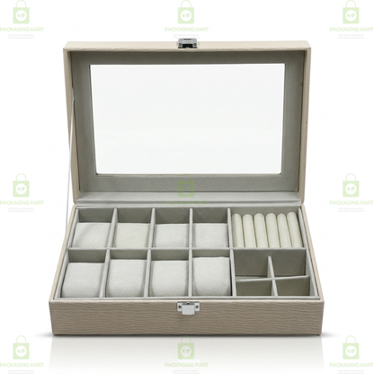 Premium Velvet Watch Storage Box with 8 Compartments & Jewellery Organizer
