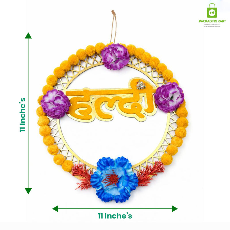 Haldi Decorations Door Board, Home Decoration Items for Wedding Ceremony Haldi, Mehndi, Subh Vivah, Shadi Wala Ghar Hanging Round Decoration (Yellow, Gold Embellishments)