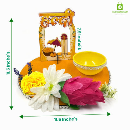 Haldi Decorations Door Board, Home Decoration Items for Wedding Ceremony Haldi, Mehndi, Subh Vivah, Shadi Wala Ghar Hanging Round Decoration (Yellow, Gold Embellishments)
