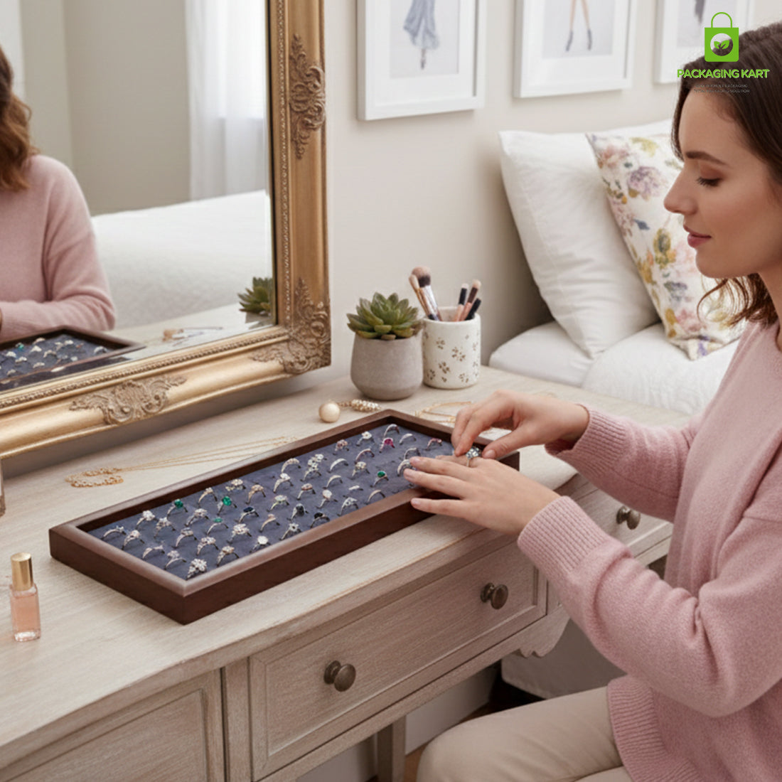 Premium Wooden Velvet Ring Tray for Jewellery Display & Storage