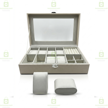 Premium Velvet Watch Storage Box with 8 Compartments & Jewellery Organizer