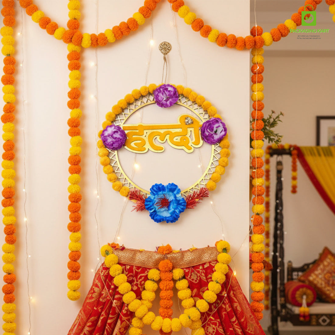 Haldi Decorations Door Board, Home Decoration Items for Wedding Ceremony Haldi, Mehndi, Subh Vivah, Shadi Wala Ghar Hanging Round Decoration (Yellow, Gold Embellishments)