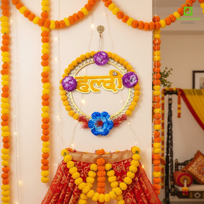 Haldi Decorations Door Board, Home Decoration Items for Wedding Ceremony Haldi, Mehndi, Subh Vivah, Shadi Wala Ghar Hanging Round Decoration (Yellow, Gold Embellishments)