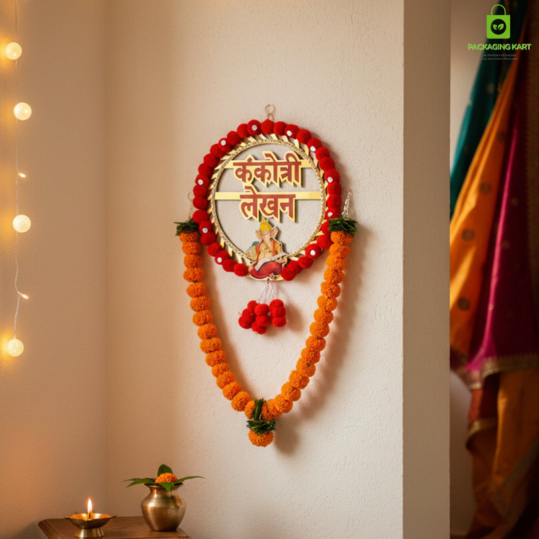 Kankotri Lekhan Ceremony Decoration Round Board | Traditional MDF Wall Hanging with Red Tassels | Wedding ceremony decoration board