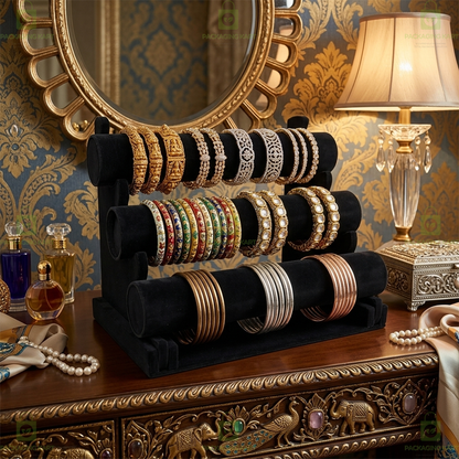 Wooden Bangle Display Stand with Velvet Finish – 3 Layer Jewellery Holder Rack