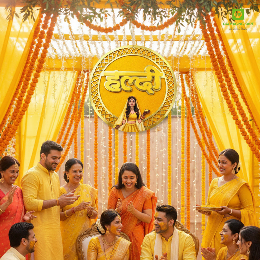 Haldi Decorations Door Board, Home Decoration Items for Wedding Ceremony Haldi, Mehndi, Subh Vivah, Shadi Wala Ghar Hanging Round Decoration (Yellow, Gold Embellishments)