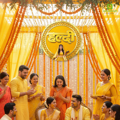 Haldi Decorations Door Board, Home Decoration Items for Wedding Ceremony Haldi, Mehndi, Subh Vivah, Shadi Wala Ghar Hanging Round Decoration (Yellow, Gold Embellishments)