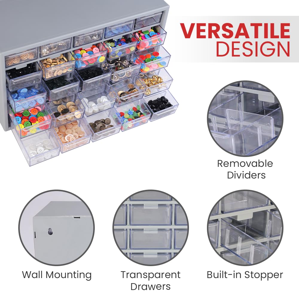 25 Polypropylene Component Organiser With 25 Drawers, Small Parts Grey Storage Jewellery | Craft | Sewing Cabinets | Screws | Nuts | Bolts | Tool Organiser | DIY | Clinic | Hospital
