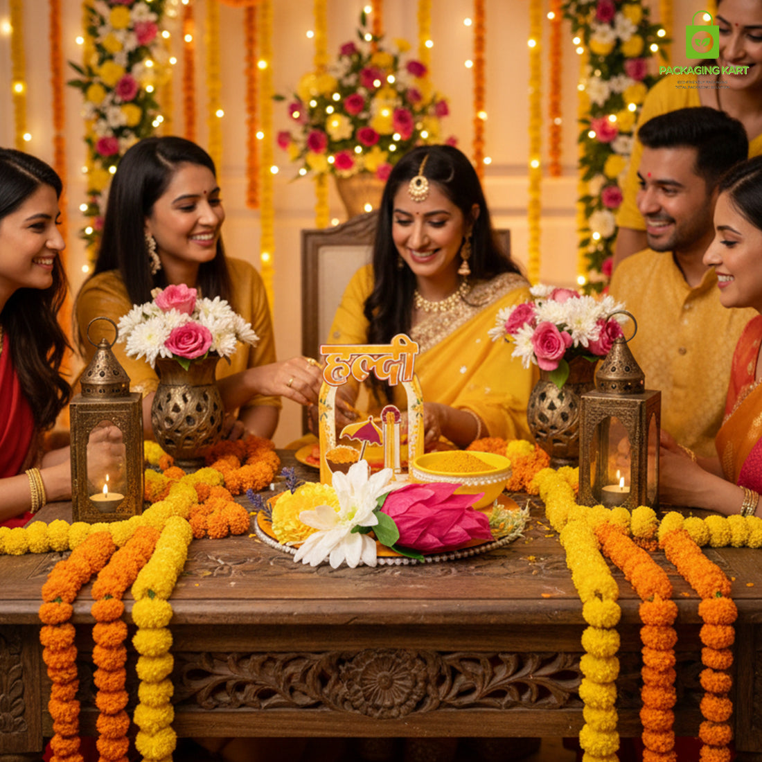 Haldi Decorations Door Board, Home Decoration Items for Wedding Ceremony Haldi, Mehndi, Subh Vivah, Shadi Wala Ghar Hanging Round Decoration (Yellow, Gold Embellishments)