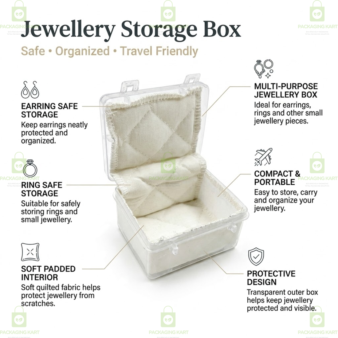 Multipurpose Plastic Jewellery Box with White Cushion Cotton Padding for Rings, Chains & Earrings