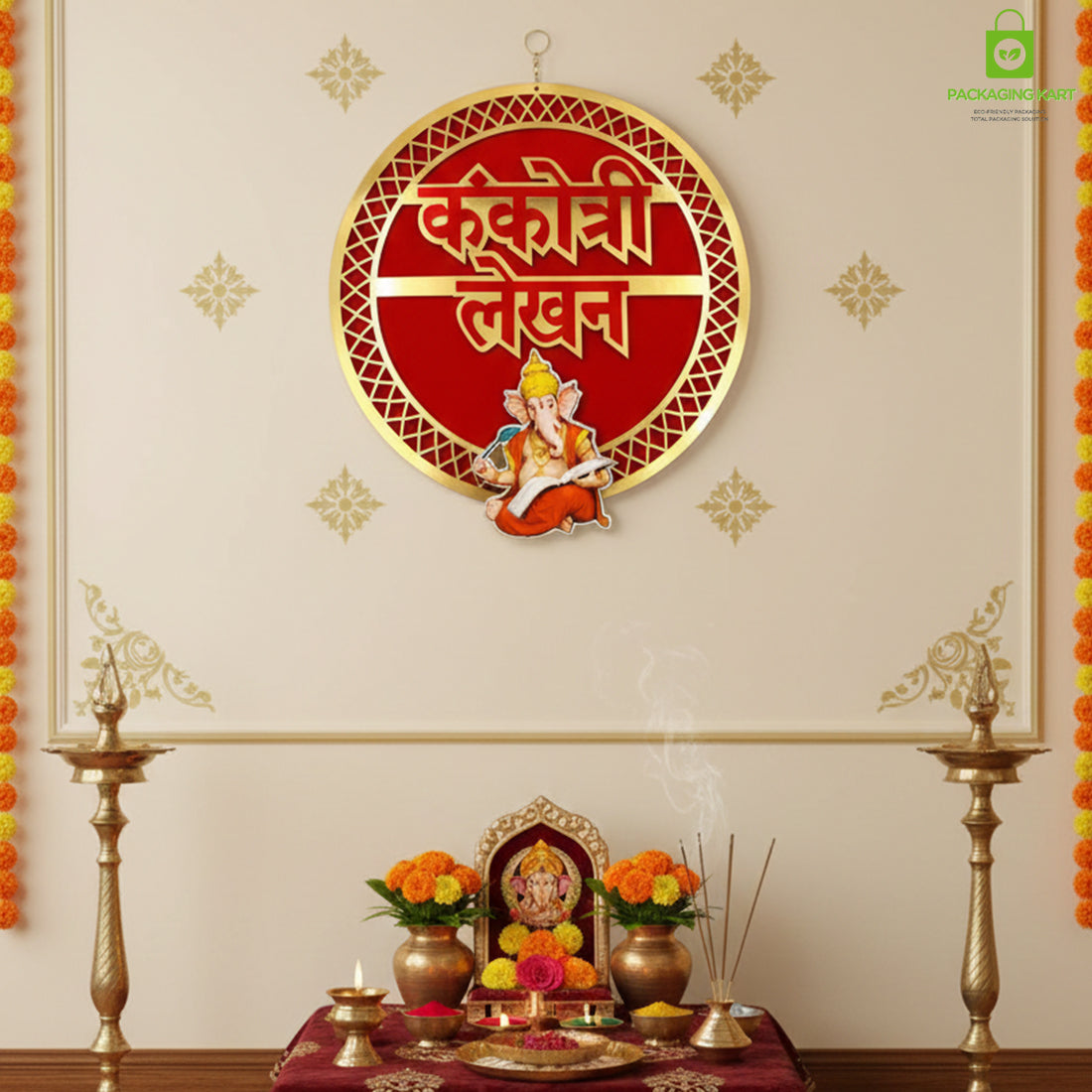 Kankotri Lekhan Ceremony Decoration Round Board | Traditional MDF Wall Hanging with Red Tassels | Wedding ceremony decoration board
