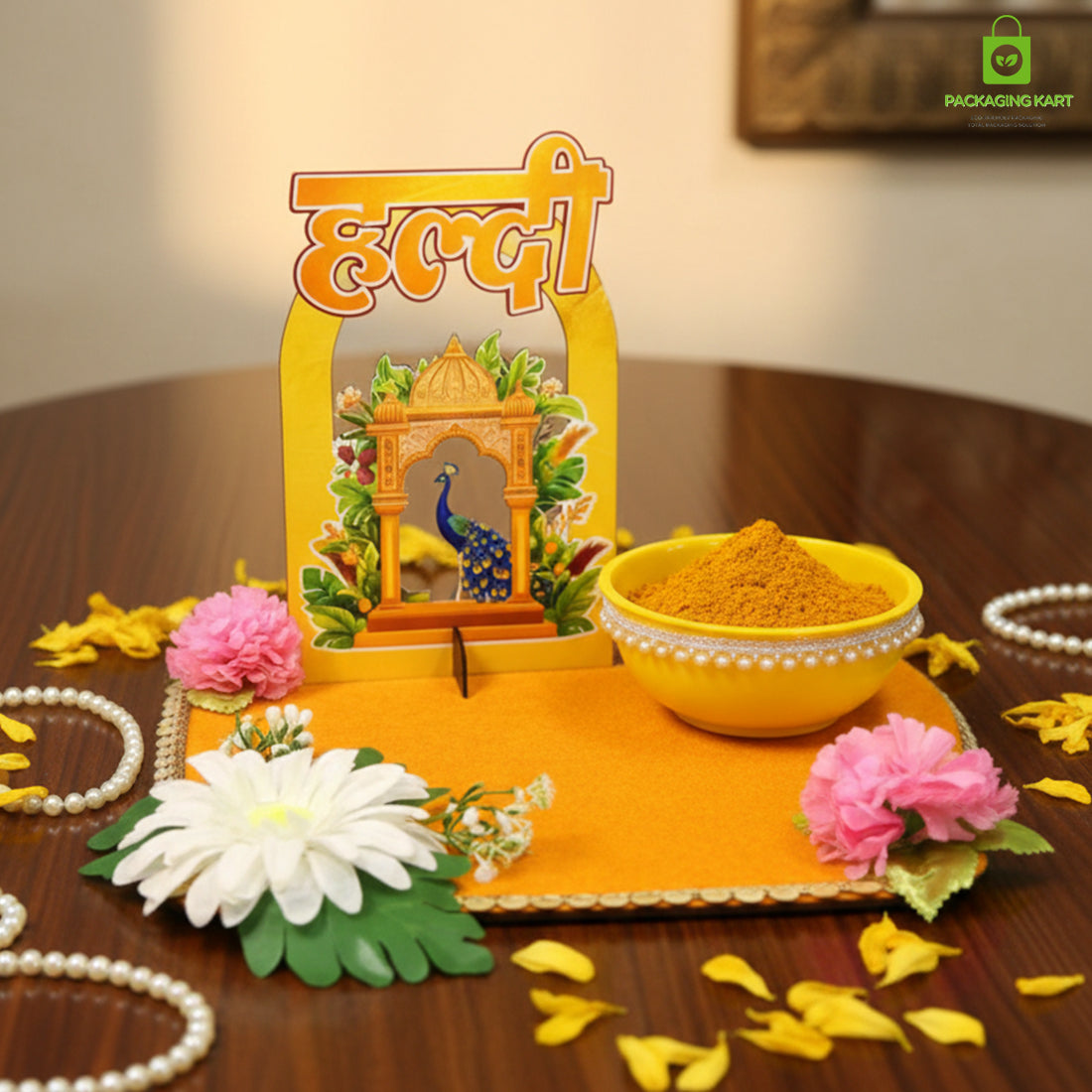 Haldi Decorations Door Board, Home Decoration Items for Wedding Ceremony Haldi, Mehndi, Subh Vivah, Shadi Wala Ghar Hanging Round Decoration (Yellow, Gold Embellishments)