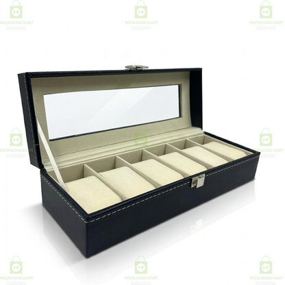 6 Grid Velvet Watch Box Organizer with Soft Cushion & Glass Lid