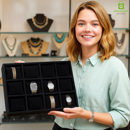 Premium Green Velvet 12 Grid Jewelry Tray,Bracelet Watch Jewelry Display Tray,Showcase Jewelry Organizer